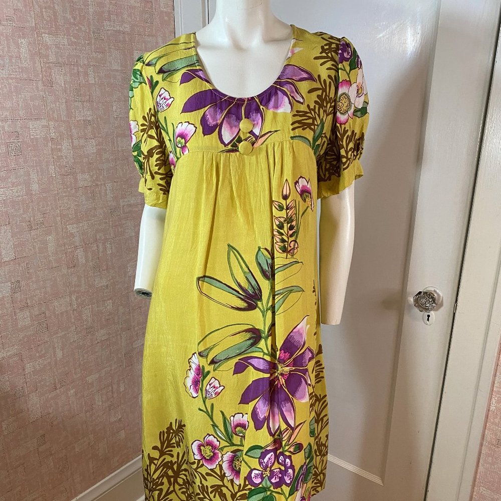 Pura Vida Yellow & Purple Floral Print Short Sleeve Summer Dress sz 12